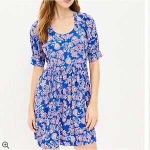 Loft Floral Scoop Neck Puff Sleeve Swing Dress Mini 2
